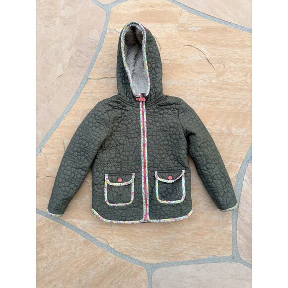 Mini Boden Other - Mini Boden Olive Green Quilted Hooded Jacket with Floral Trim